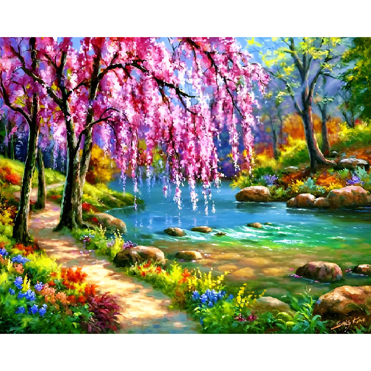 Cherry Blossom Tree Near River | Diamond Painting